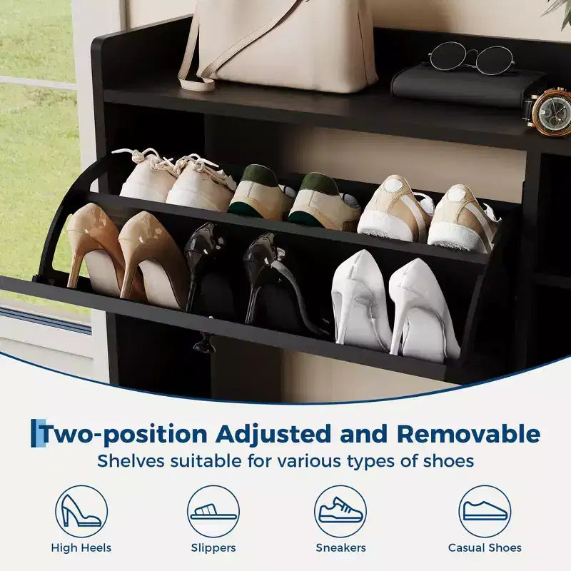 Shoe Storage Cabinet with 4 Flip Drawers, Hidden Shoe Storage Organizer with Rattan Doors, Freestanding Shoe Rack Cabinet For Living Room, Brown