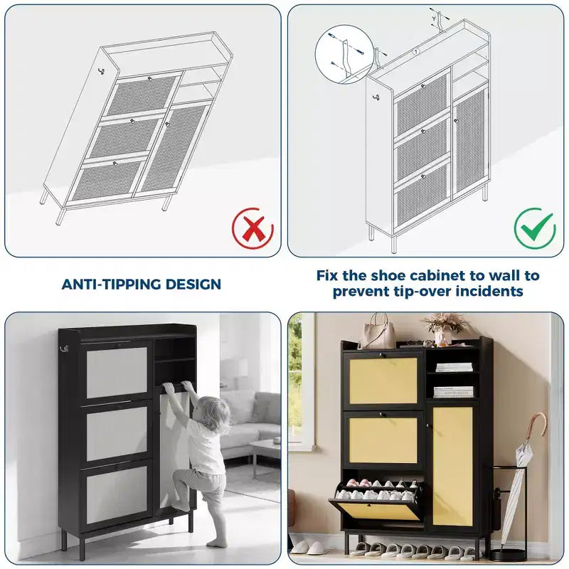 Shoe Storage Cabinet with 4 Flip Drawers, Hidden Shoe Storage Organizer with Rattan Doors, Freestanding Shoe Rack Cabinet For Living Room, Brown