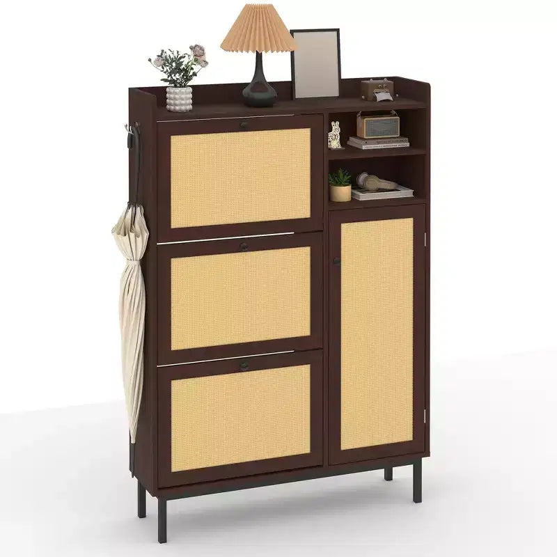Shoe Storage Cabinet with 4 Flip Drawers, Hidden Shoe Storage Organizer with Rattan Doors, Freestanding Shoe Rack Cabinet For Living Room, Brown