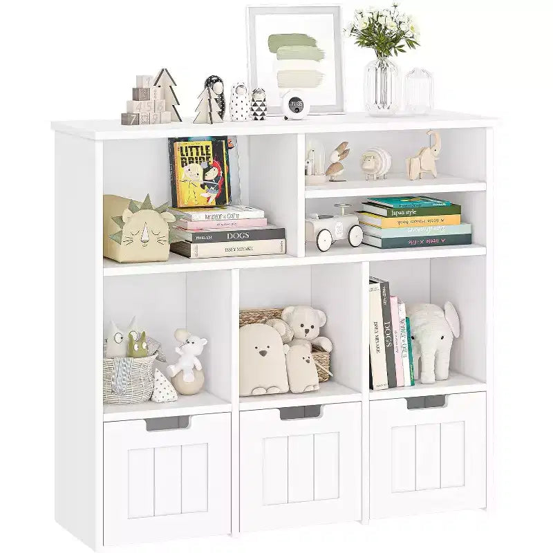 GustoWave Kids Bookshelf Toy Storage Cabinet with 3 Movable Drawers and 6 Storage Cubbies for Bedroom, Playroom, Nursery, White