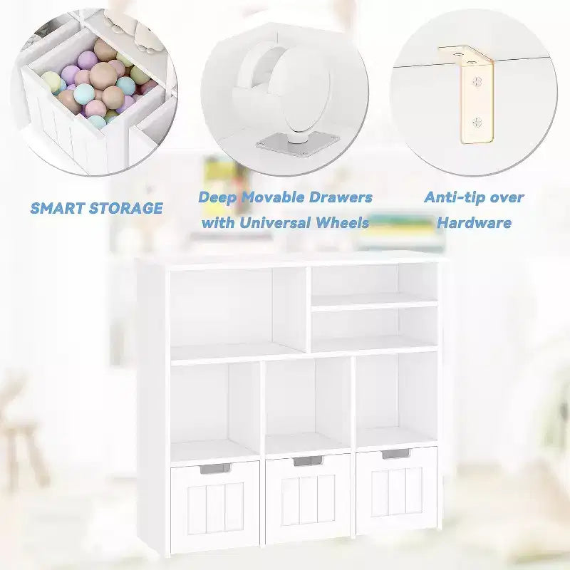 GustoWave Kids Bookshelf Toy Storage Cabinet with 3 Movable Drawers and 6 Storage Cubbies for Bedroom, Playroom, Nursery, White