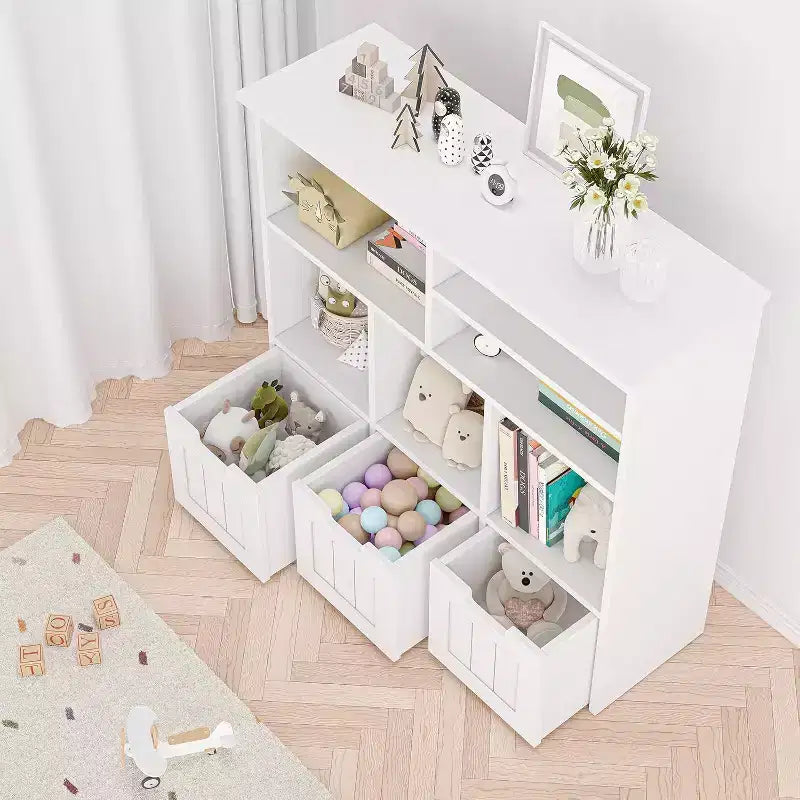 GustoWave Kids Bookshelf Toy Storage Cabinet with 3 Movable Drawers and 6 Storage Cubbies for Bedroom, Playroom, Nursery, White