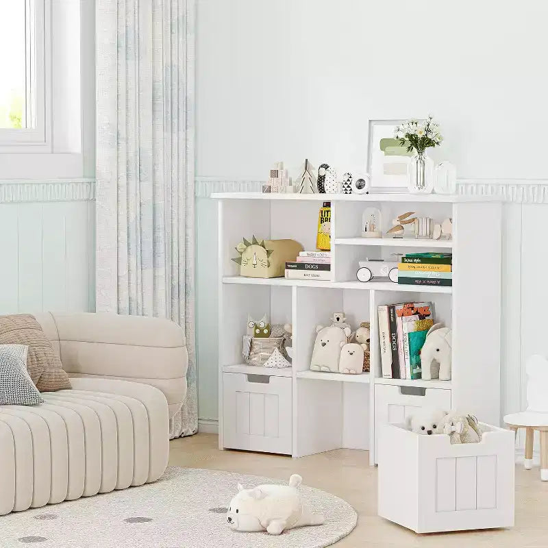 GustoWave Kids Bookshelf Toy Storage Cabinet with 3 Movable Drawers and 6 Storage Cubbies for Bedroom, Playroom, Nursery, White
