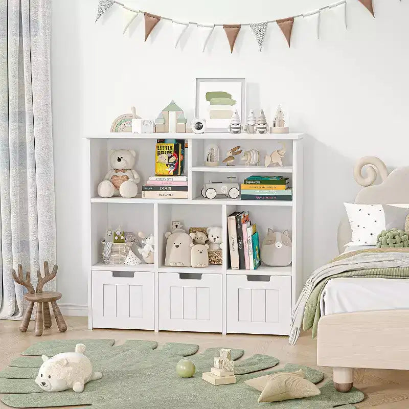 GustoWave Kids Bookshelf Toy Storage Cabinet with 3 Movable Drawers and 6 Storage Cubbies for Bedroom, Playroom, Nursery, White
