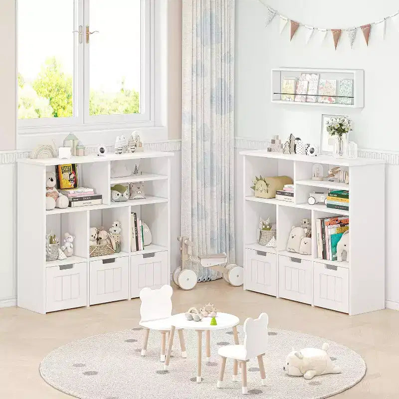 GustoWave Kids Bookshelf Toy Storage Cabinet with 3 Movable Drawers and 6 Storage Cubbies for Bedroom, Playroom, Nursery, White