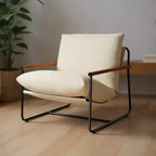 Modern Corduroy Upholstered Accent Chair with Metal Frame and Wood Armrests Beige
