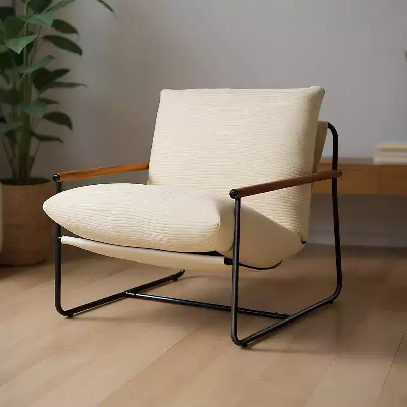 Modern Corduroy Upholstered Accent Chair with Metal Frame and Wood Armrests Beige