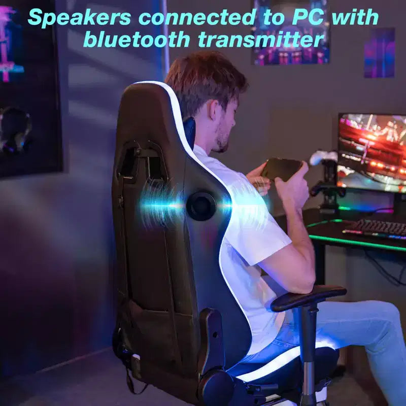 Hoffree Massage Reclining Gaming Chair Ergonomic Office PC Chair with Bluetooth Speaker & RGB Light