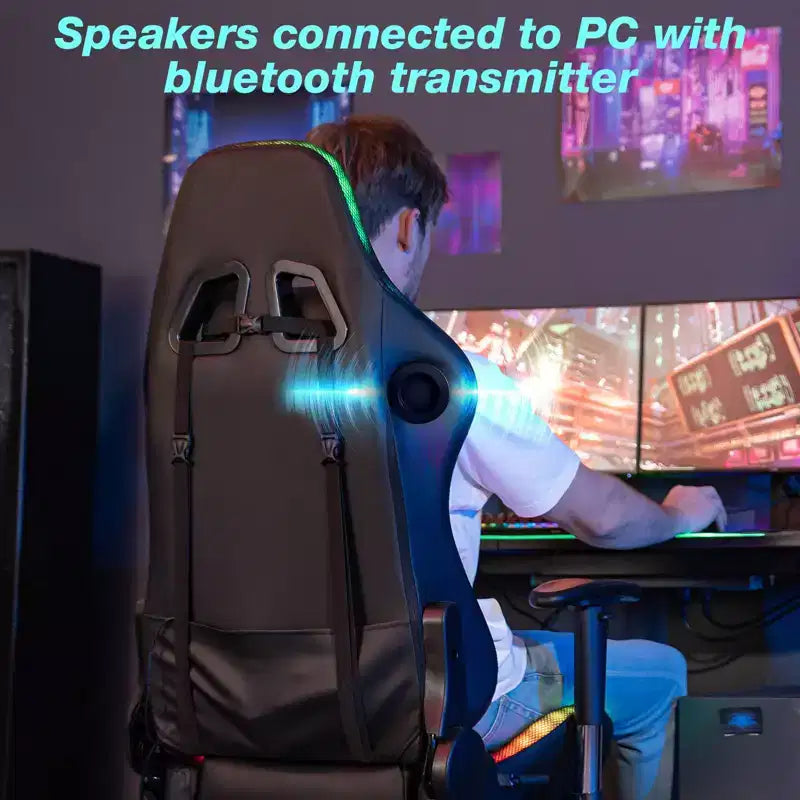 Hoffree Massage Reclining Gaming Chair Ergonomic Office PC Chair with Bluetooth Speaker & RGB Light
