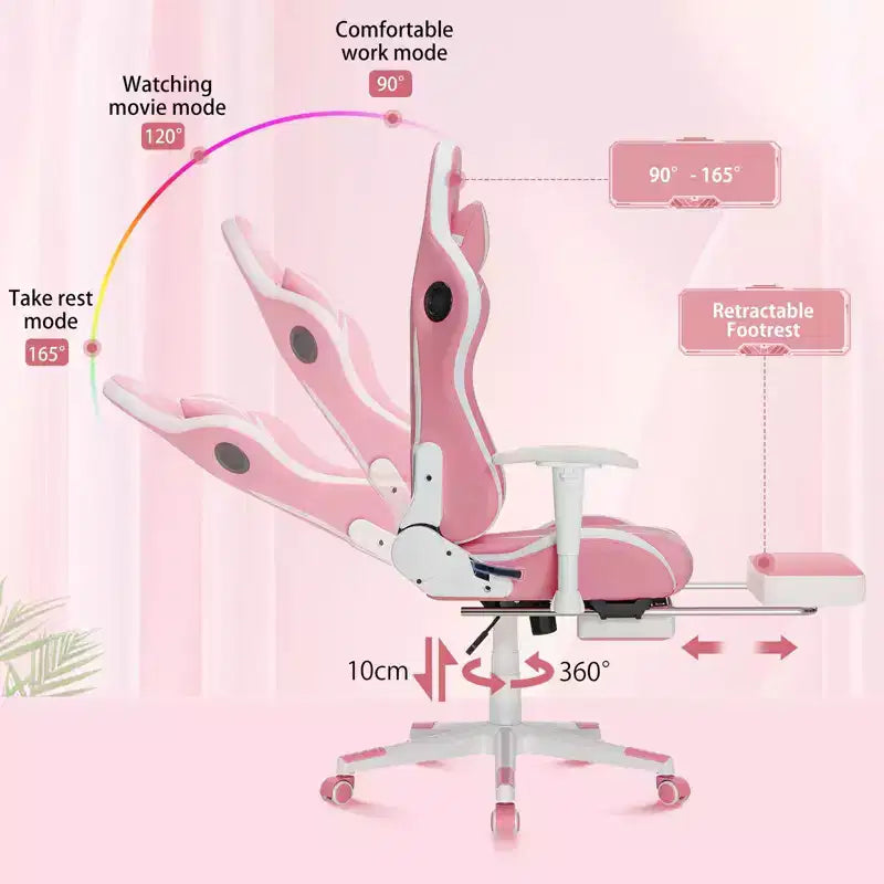 Hoffree Massage Reclining Gaming Chair Ergonomic Office PC Chair with Bluetooth Speaker & RGB Light