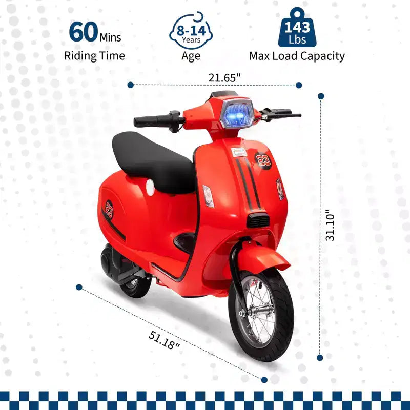 Coolmee 24V Electric Moped Motorcycle for Kids, Electric Scooter with Seat for Kids 8-14, Ride On Scooter with LED Light, Max Up to 14 MPH
