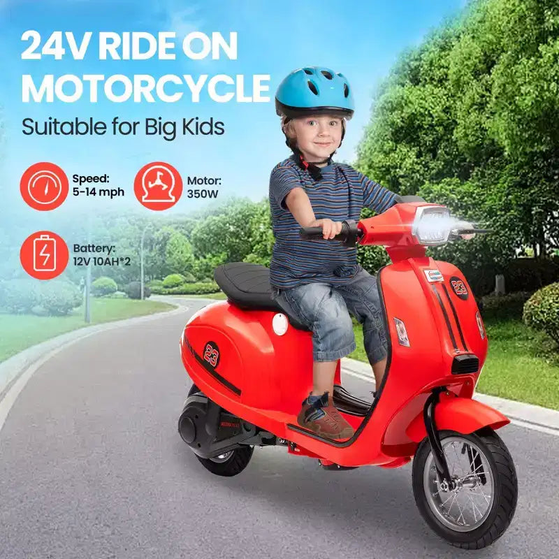 Coolmee 24V Electric Moped Motorcycle for Kids, Electric Scooter with Seat for Kids 8-14, Ride On Scooter with LED Light, Max Up to 14 MPH