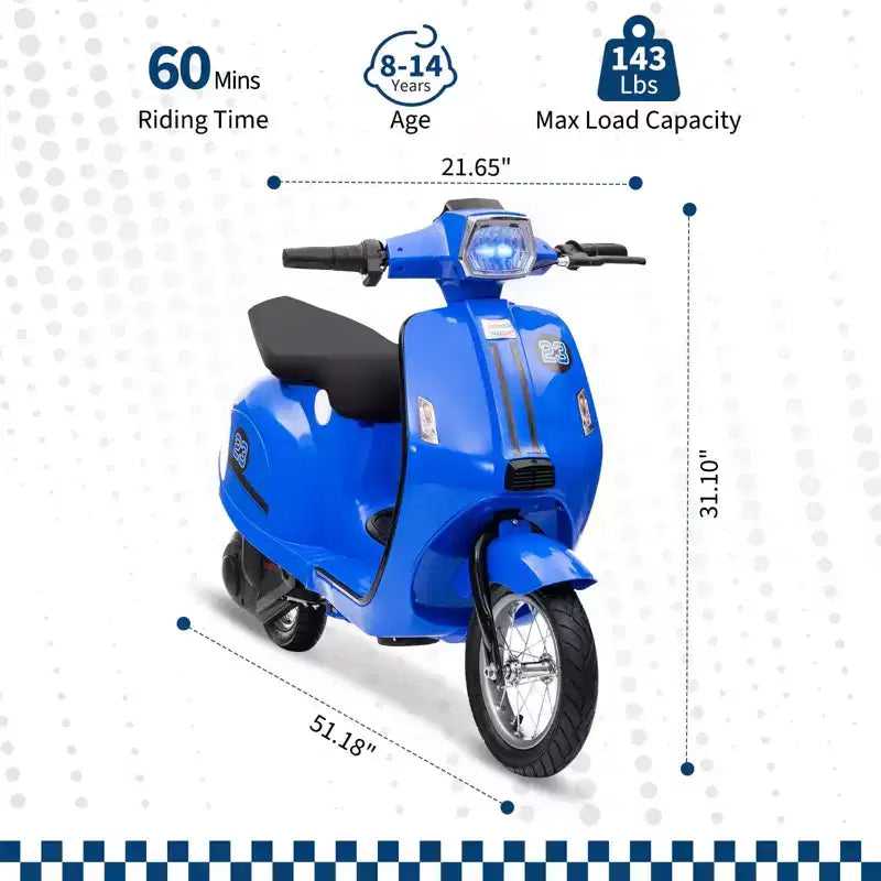 Coolmee 24V Electric Moped Motorcycle for Kids, Electric Scooter with Seat for Kids 8-14, Ride On Scooter with LED Light, Max Up to 14 MPH