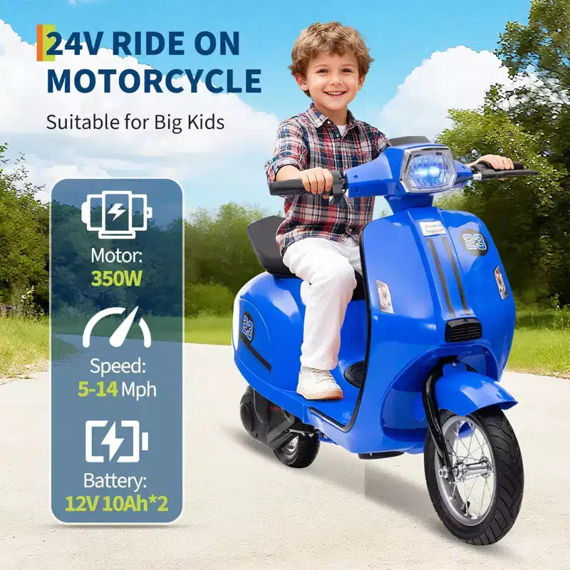 Coolmee 24V Electric Moped Motorcycle for Kids, Electric Scooter with Seat for Kids 8-14, Ride On Scooter with LED Light, Max Up to 14 MPH