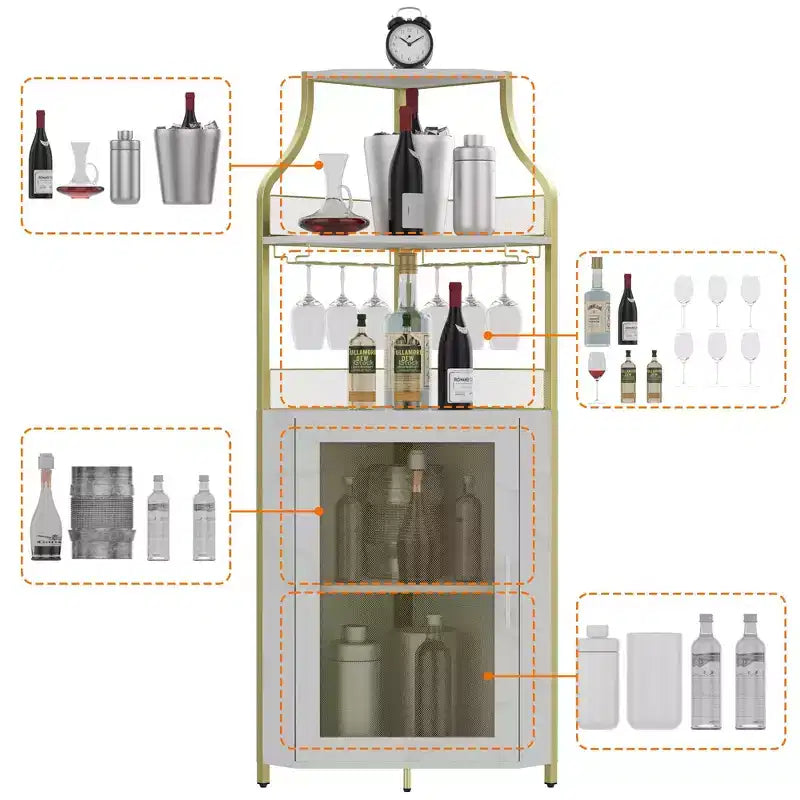 Wine Cabinet, Corner Farmhouse Wine Bar with Removable Rack & Glass Holder, Compact Liquor Coffee Storage Unit with Mesh Door
