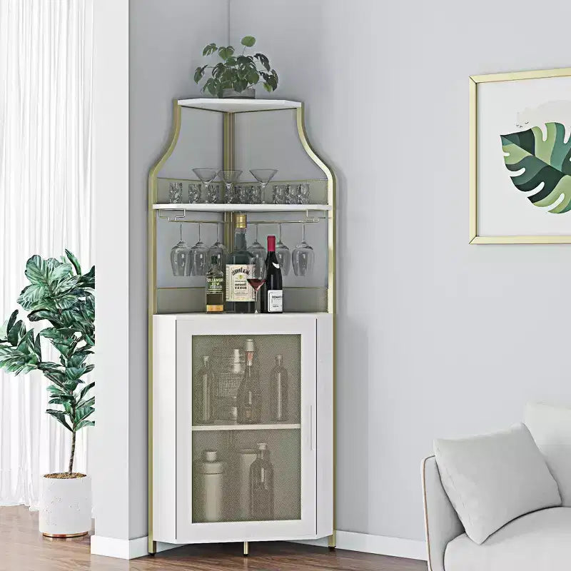Wine Cabinet, Corner Farmhouse Wine Bar with Removable Rack & Glass Holder, Compact Liquor Coffee Storage Unit with Mesh Door