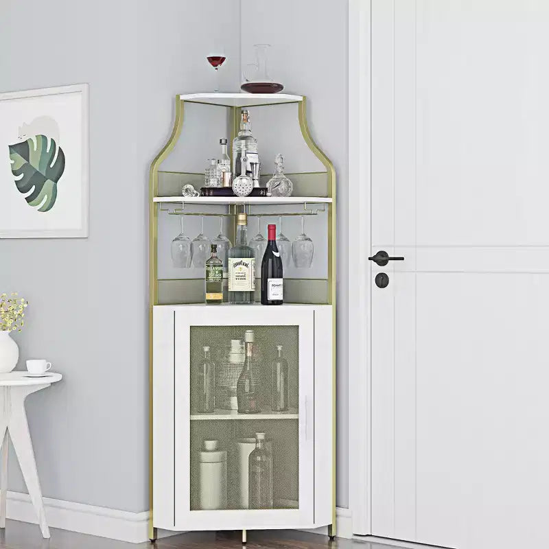 Wine Cabinet, Corner Farmhouse Wine Bar with Removable Rack & Glass Holder, Compact Liquor Coffee Storage Unit with Mesh Door