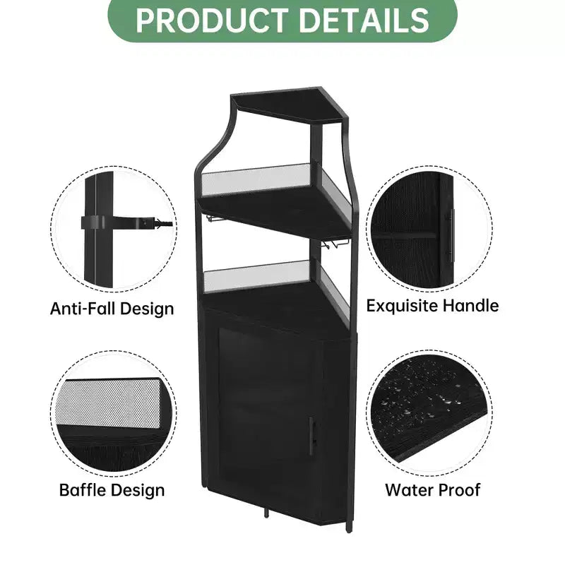 Wine Cabinet, Corner Farmhouse Wine Bar with Removable Rack & Glass Holder, Compact Liquor Coffee Storage Unit with Mesh Door