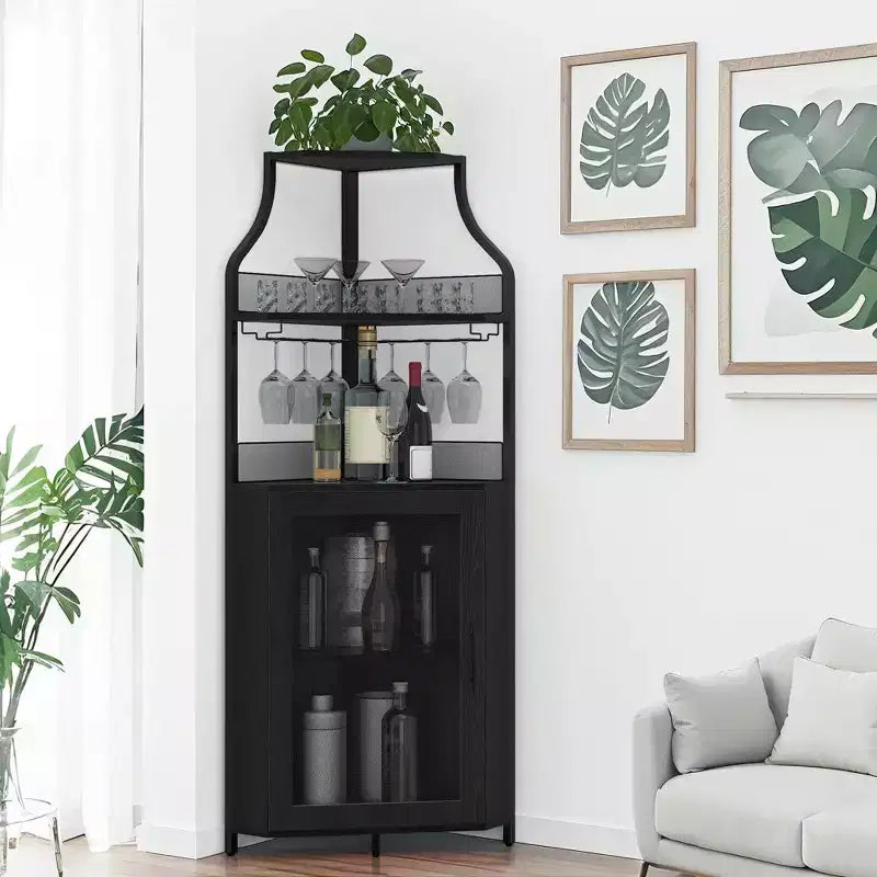 Wine Cabinet, Corner Farmhouse Wine Bar with Removable Rack & Glass Holder, Compact Liquor Coffee Storage Unit with Mesh Door