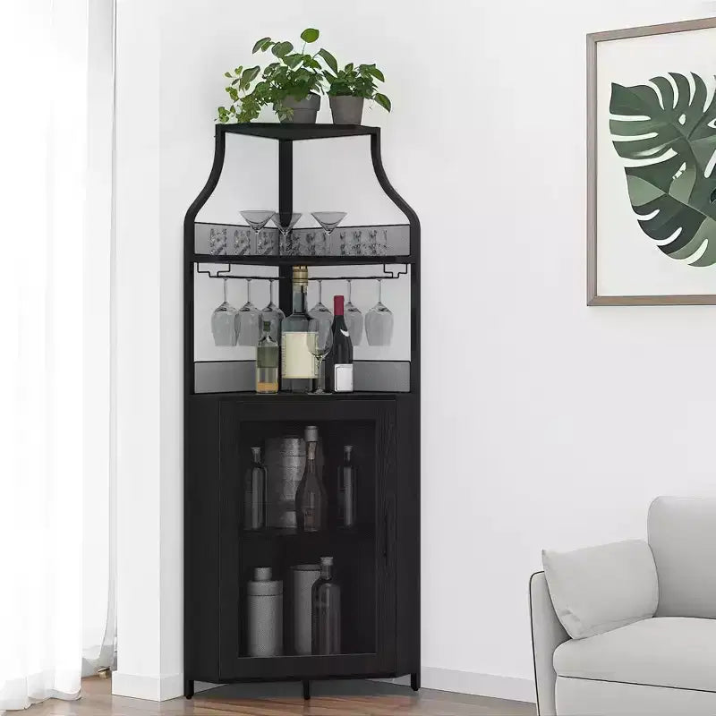 Wine Cabinet, Corner Farmhouse Wine Bar with Removable Rack & Glass Holder, Compact Liquor Coffee Storage Unit with Mesh Door