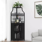 Wine Cabinet, Corner Farmhouse Wine Bar with Removable Rack & Glass Holder, Compact Liquor Coffee Storage Unit with Mesh Door