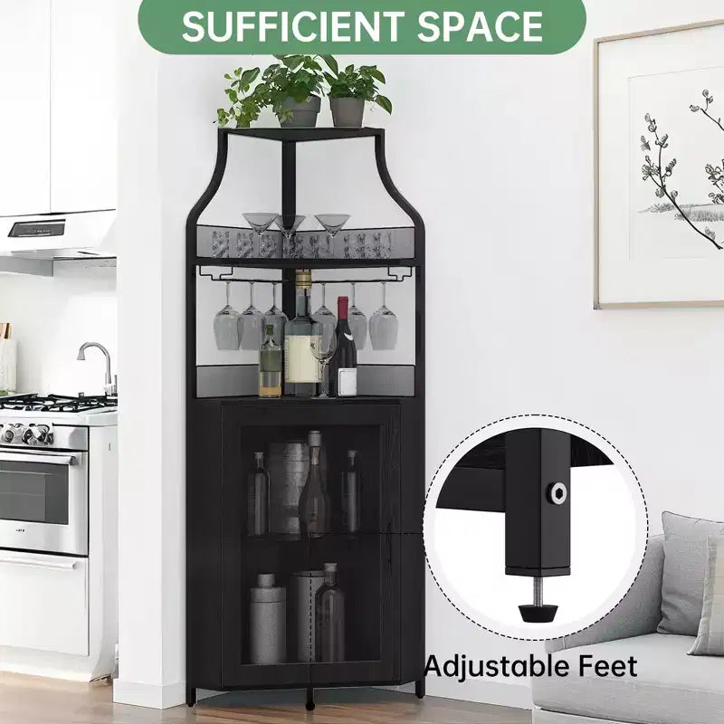 Wine Cabinet, Corner Farmhouse Wine Bar with Removable Rack & Glass Holder, Compact Liquor Coffee Storage Unit with Mesh Door