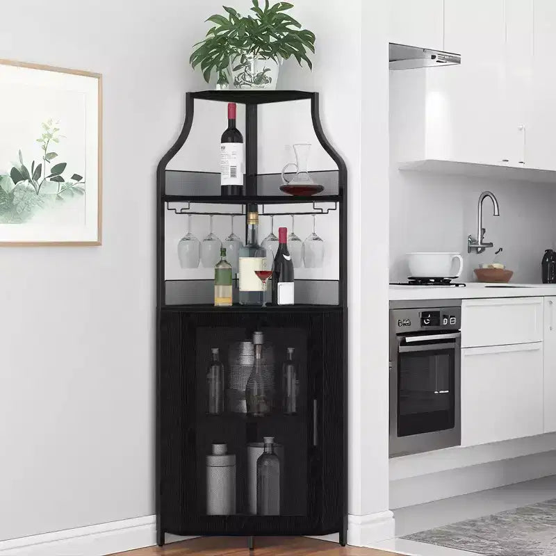 Wine Cabinet, Corner Farmhouse Wine Bar with Removable Rack & Glass Holder, Compact Liquor Coffee Storage Unit with Mesh Door
