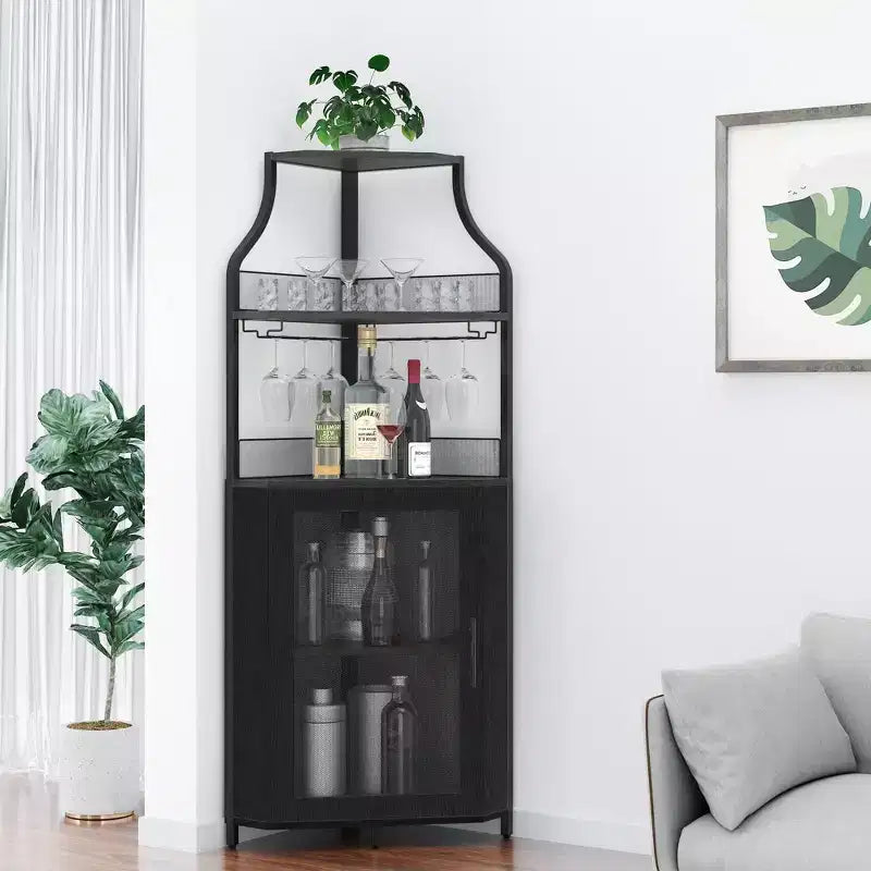 Wine Cabinet, Corner Farmhouse Wine Bar with Removable Rack & Glass Holder, Compact Liquor Coffee Storage Unit with Mesh Door