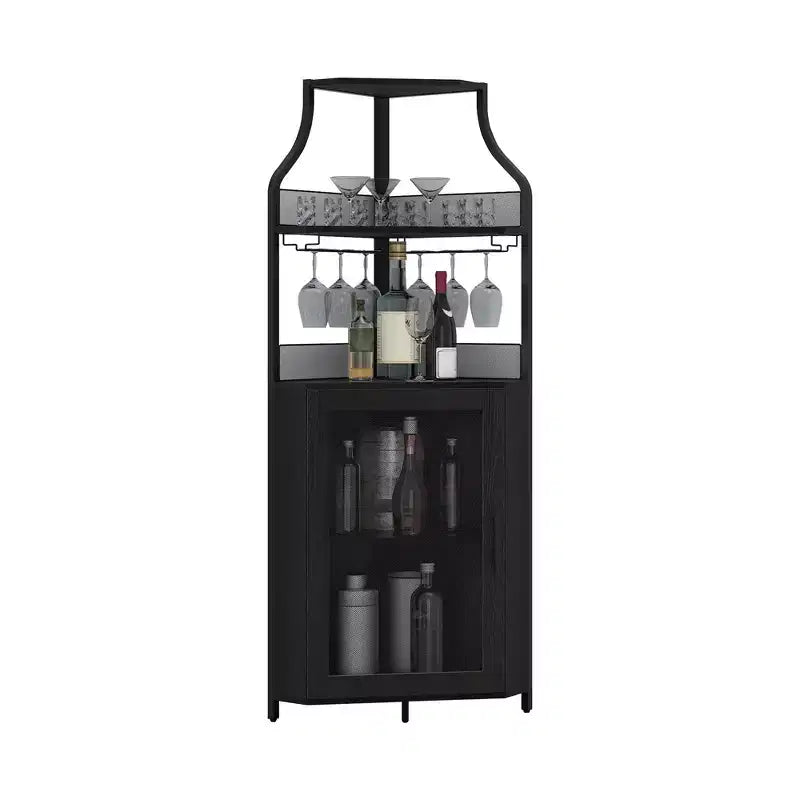 Wine Cabinet, Corner Farmhouse Wine Bar with Removable Rack & Glass Holder, Compact Liquor Coffee Storage Unit with Mesh Door