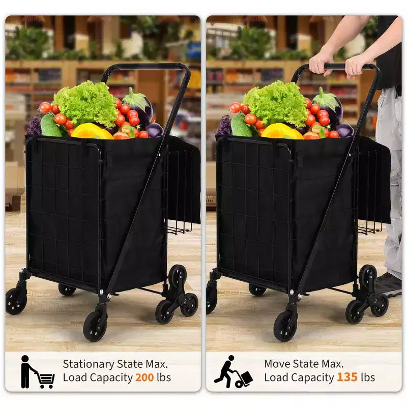 Folding Shopping Cart, 360 Swivel Grocery Trolley with Stair-Climbing Wheels, Heavy Duty Utility Cart with Waterproof Liner for Shopping, Camping