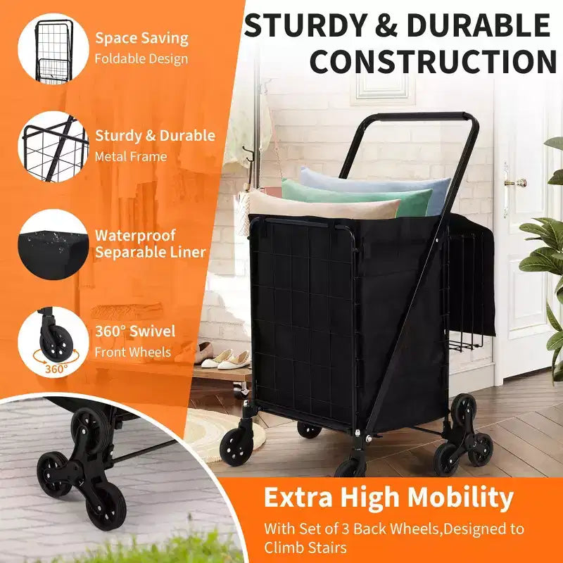 Folding Shopping Cart, 360 Swivel Grocery Trolley with Stair-Climbing Wheels, Heavy Duty Utility Cart with Waterproof Liner for Shopping, Camping