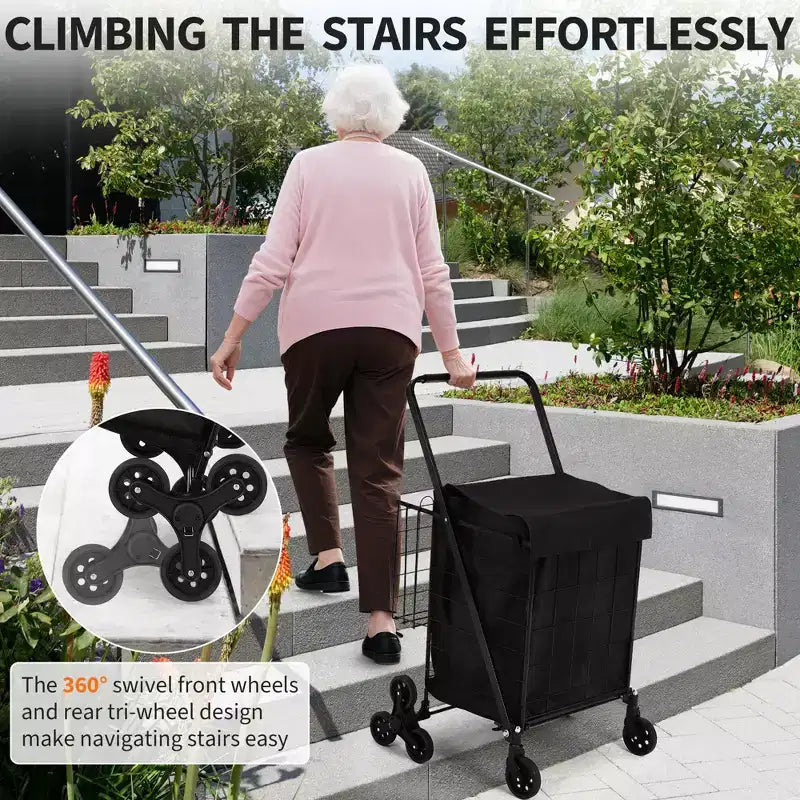 Folding Shopping Cart, 360 Swivel Grocery Trolley with Stair-Climbing Wheels, Heavy Duty Utility Cart with Waterproof Liner for Shopping, Camping