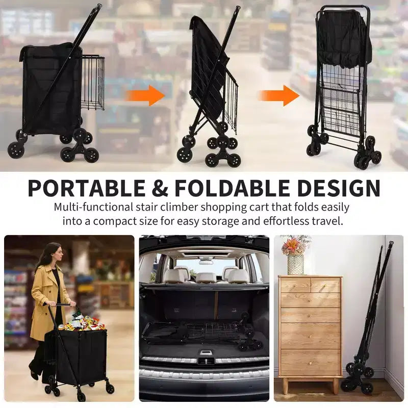 Folding Shopping Cart, 360 Swivel Grocery Trolley with Stair-Climbing Wheels, Heavy Duty Utility Cart with Waterproof Liner for Shopping, Camping