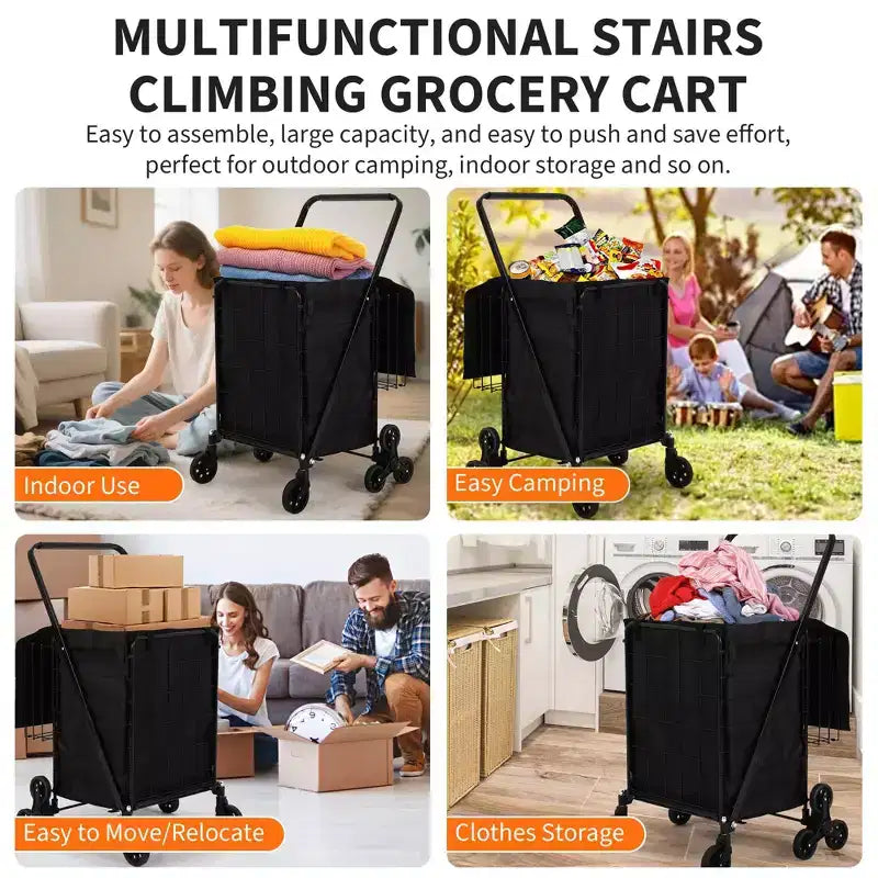 Folding Shopping Cart, 360 Swivel Grocery Trolley with Stair-Climbing Wheels, Heavy Duty Utility Cart with Waterproof Liner for Shopping, Camping