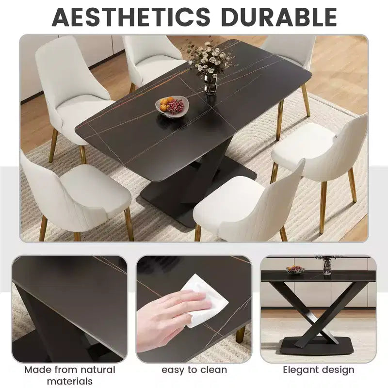 GDFStudio Basia Modern Artificial Stone Curved Rectangle Dining Table