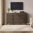 LINSY HOME Fluted 9 Drawer Dresser for Bedroom, Mid Century Modern Large Chest of Drawers with Gold Metal Handles, Wide Boho Wood Dressers