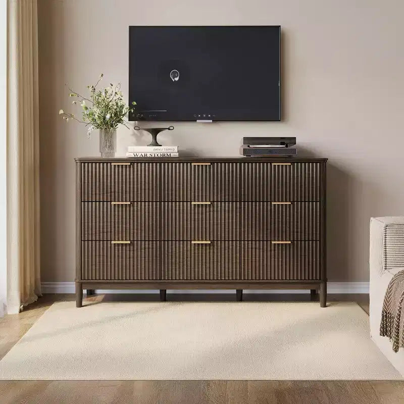 LINSY HOME Fluted 9 Drawer Dresser for Bedroom, Mid Century Modern Large Chest of Drawers with Gold Metal Handles, Wide Boho Wood Dressers