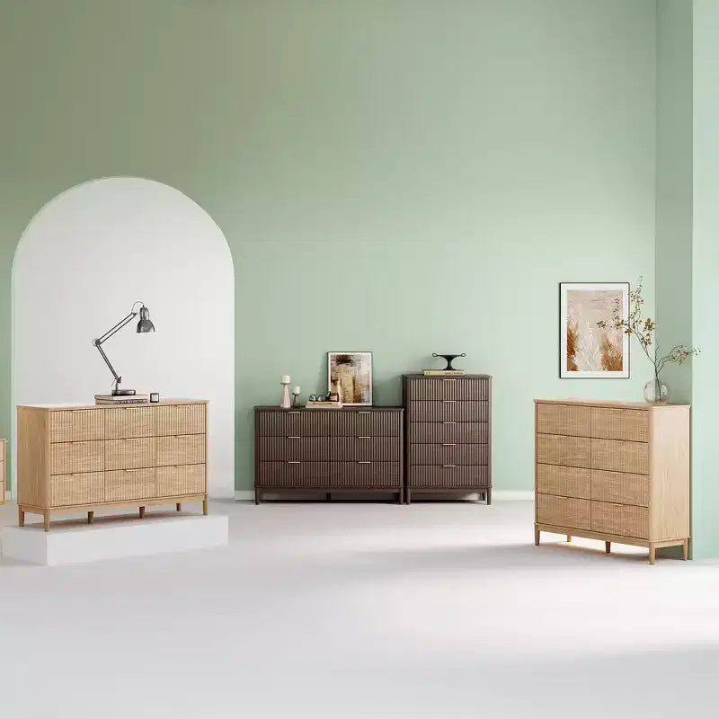 LINSY HOME Fluted 9 Drawer Dresser for Bedroom, Mid Century Modern Large Chest of Drawers with Gold Metal Handles, Wide Boho Wood Dressers