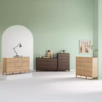 LINSY HOME Fluted 9 Drawer Dresser for Bedroom, Mid Century Modern Large Chest of Drawers with Gold Metal Handles, Wide Boho Wood Dressers