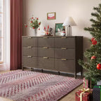 LINSY HOME Fluted 9 Drawer Dresser for Bedroom, Mid Century Modern Large Chest of Drawers with Gold Metal Handles, Wide Boho Wood Dressers
