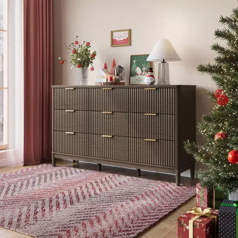 LINSY HOME Fluted 9 Drawer Dresser for Bedroom, Mid Century Modern Large Chest of Drawers with Gold Metal Handles, Wide Boho Wood Dressers