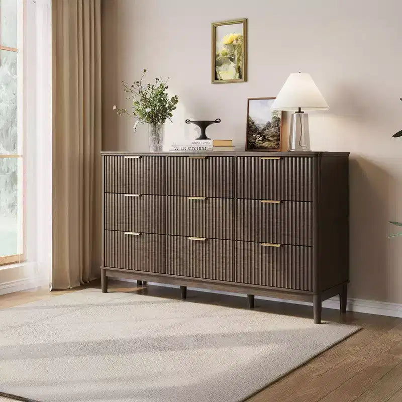 LINSY HOME Fluted 9 Drawer Dresser for Bedroom, Mid Century Modern Large Chest of Drawers with Gold Metal Handles, Wide Boho Wood Dressers