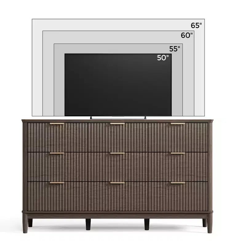 LINSY HOME Fluted 9 Drawer Dresser for Bedroom, Mid Century Modern Large Chest of Drawers with Gold Metal Handles, Wide Boho Wood Dressers