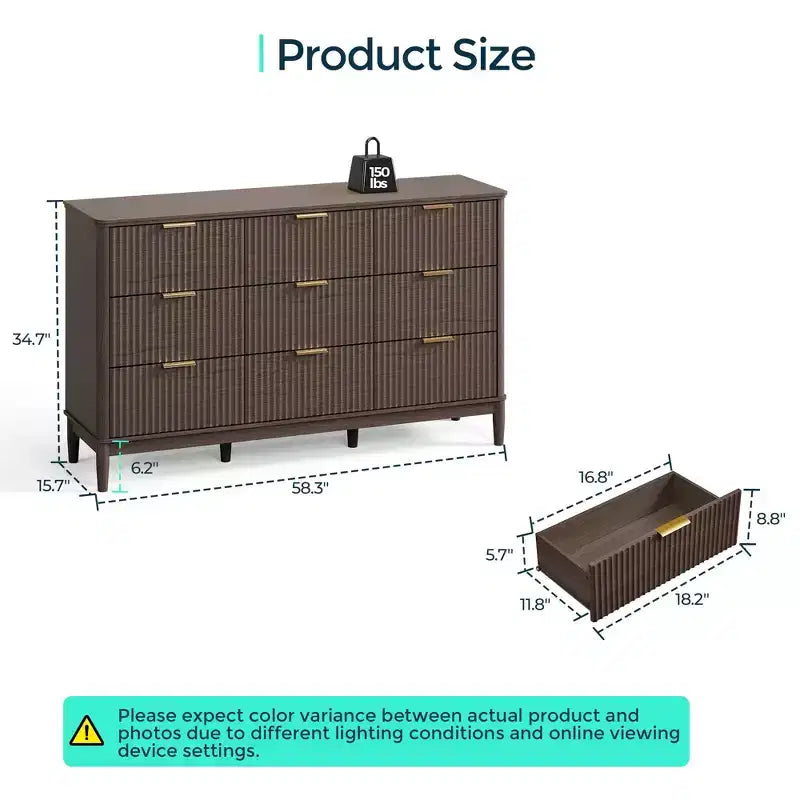 LINSY HOME Fluted 9 Drawer Dresser for Bedroom, Mid Century Modern Large Chest of Drawers with Gold Metal Handles, Wide Boho Wood Dressers