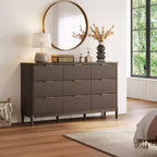 LINSY HOME Fluted 9 Drawer Dresser for Bedroom, Mid Century Modern Large Chest of Drawers with Gold Metal Handles, Wide Boho Wood Dressers