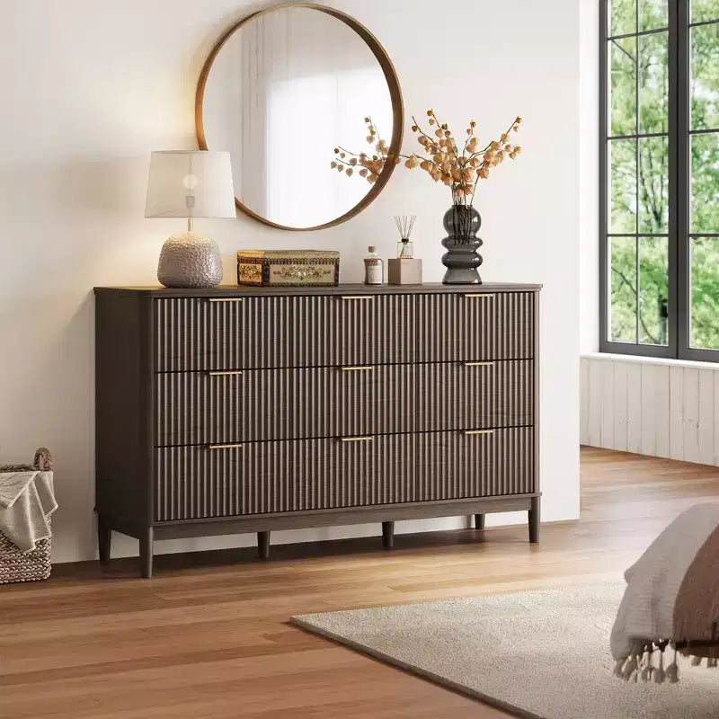 LINSY HOME Fluted 9 Drawer Dresser for Bedroom, Mid Century Modern Large Chest of Drawers with Gold Metal Handles, Wide Boho Wood Dressers