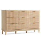 LINSY HOME Fluted 9 Drawer Dresser for Bedroom, Mid Century Modern Large Chest of Drawers with Gold Metal Handles, Wide Boho Wood Dressers