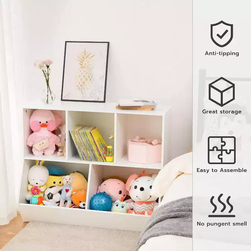 ACOINEL 35.4 Kids Bookshelf with Bookcase Footboard - Toy Storage Cubby, Children's Toy Shelf & 5-Cubby Storage Cabinet