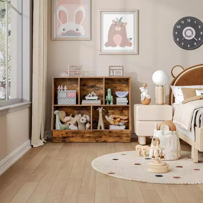 ACOINEL 35.4 Kids Bookshelf with Bookcase Footboard - Toy Storage Cubby, Children's Toy Shelf & 5-Cubby Storage Cabinet