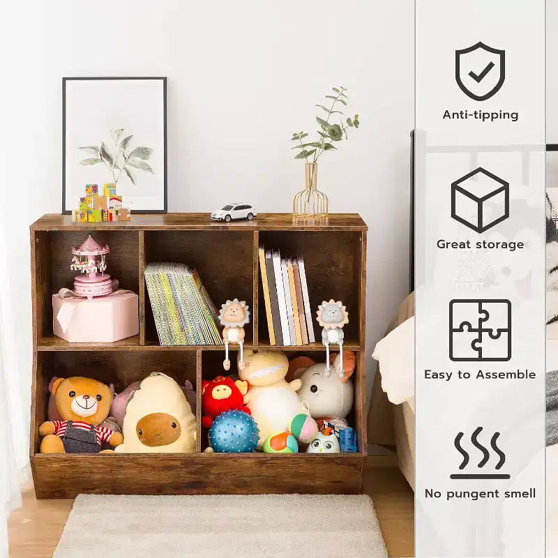ACOINEL 35.4 Kids Bookshelf with Bookcase Footboard - Toy Storage Cubby, Children's Toy Shelf & 5-Cubby Storage Cabinet